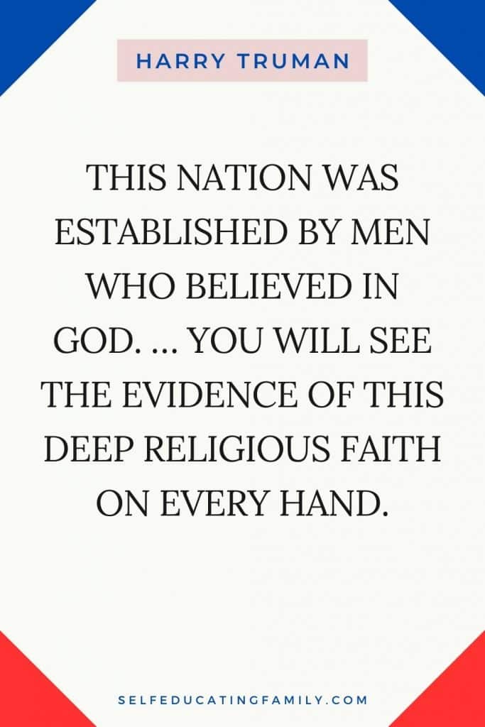 red, white & blue background with Harry Truman quote about the nation being established