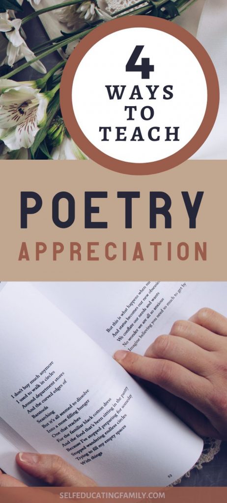 pin image of hands reading a book with flowers near and words 4 ways to teach poetry appreciation