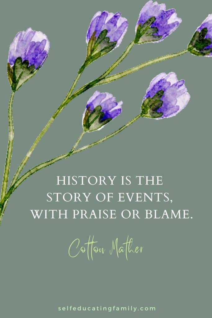 watercolor purple flowers with Cotton Mather quote on History