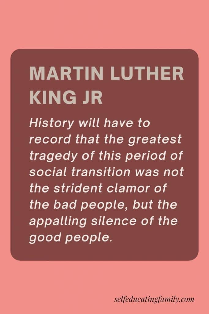 rose backgound with maroon text box with MLK Jr. quote about history
