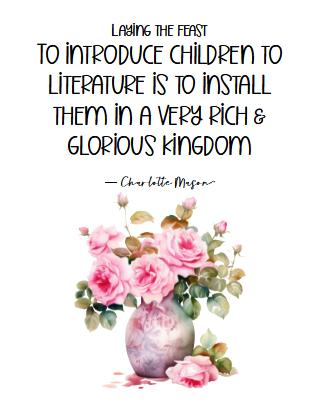 pink roses in vase with charlotte mason quote on educational principles about literature