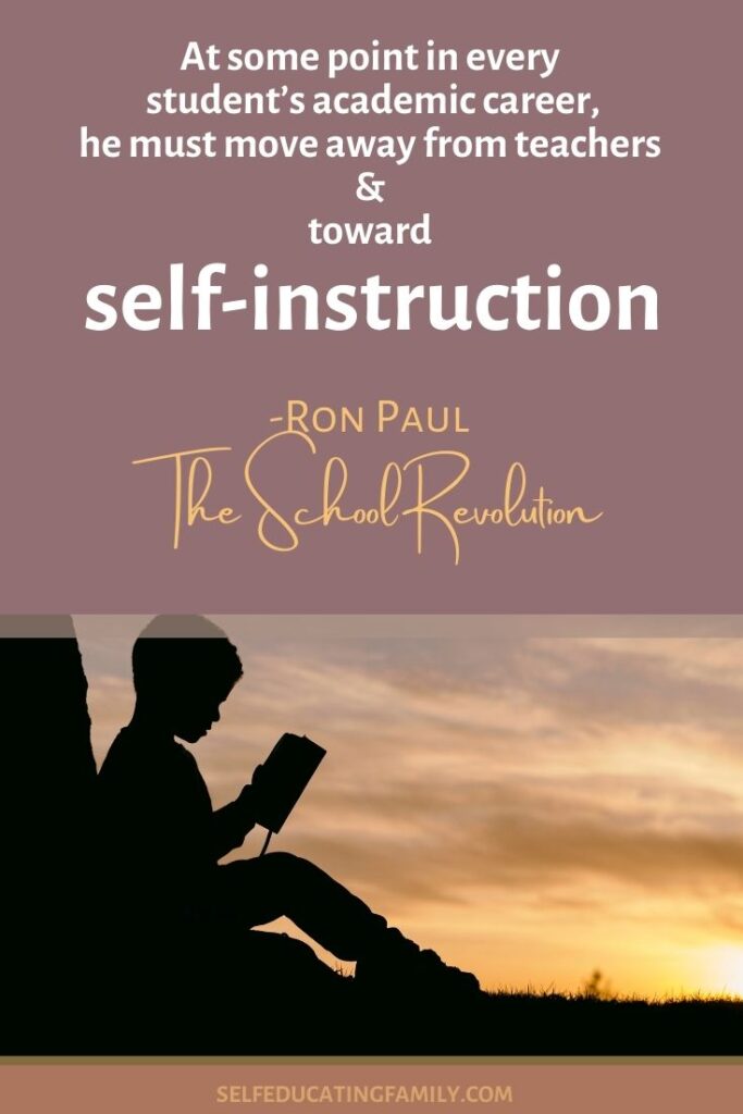 silhouette of kid reading book with quote on self-instruction