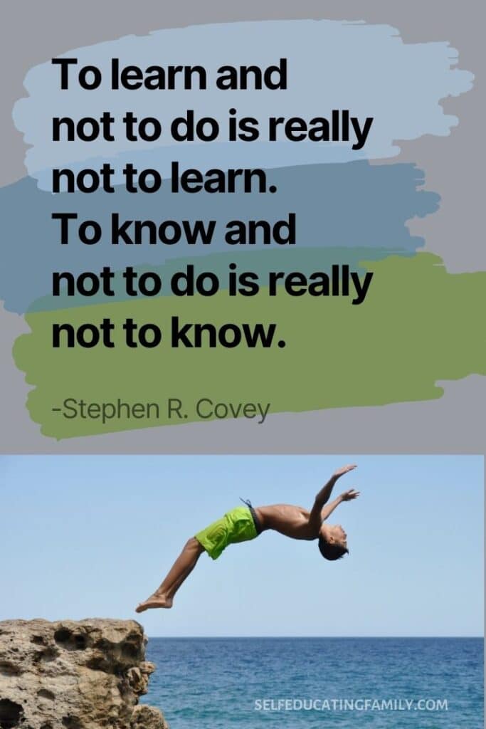 kid backwards diving off a rock with stephen covey quote