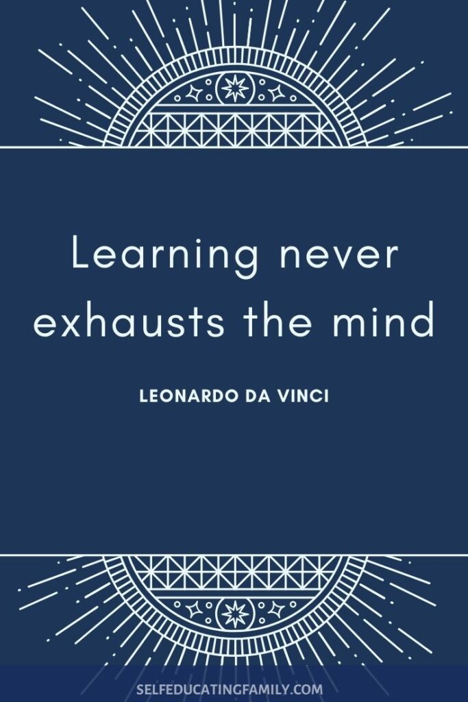 learning quote by da vinci on blue background