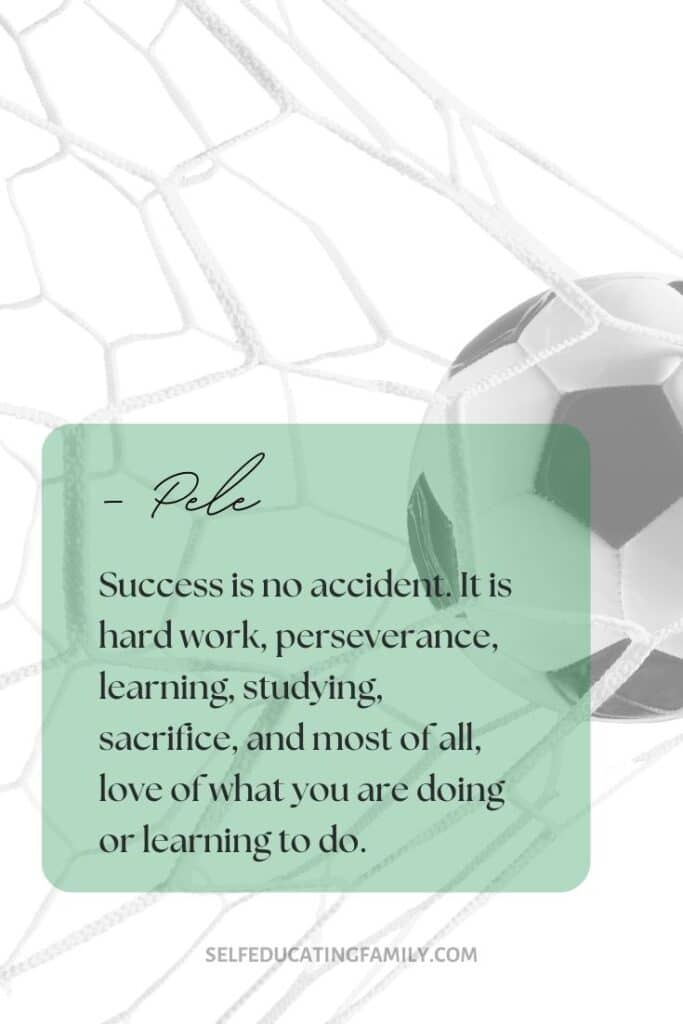 soccer ball in net with pele quote about success
