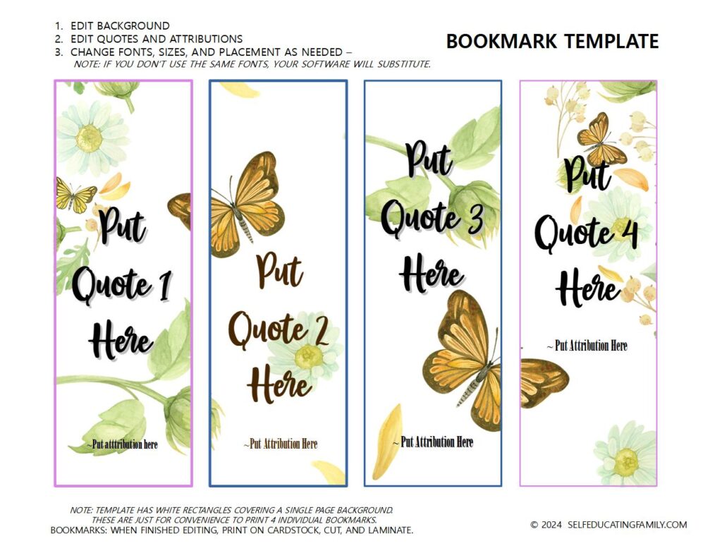 thumbnail for bookmark template with butterflies