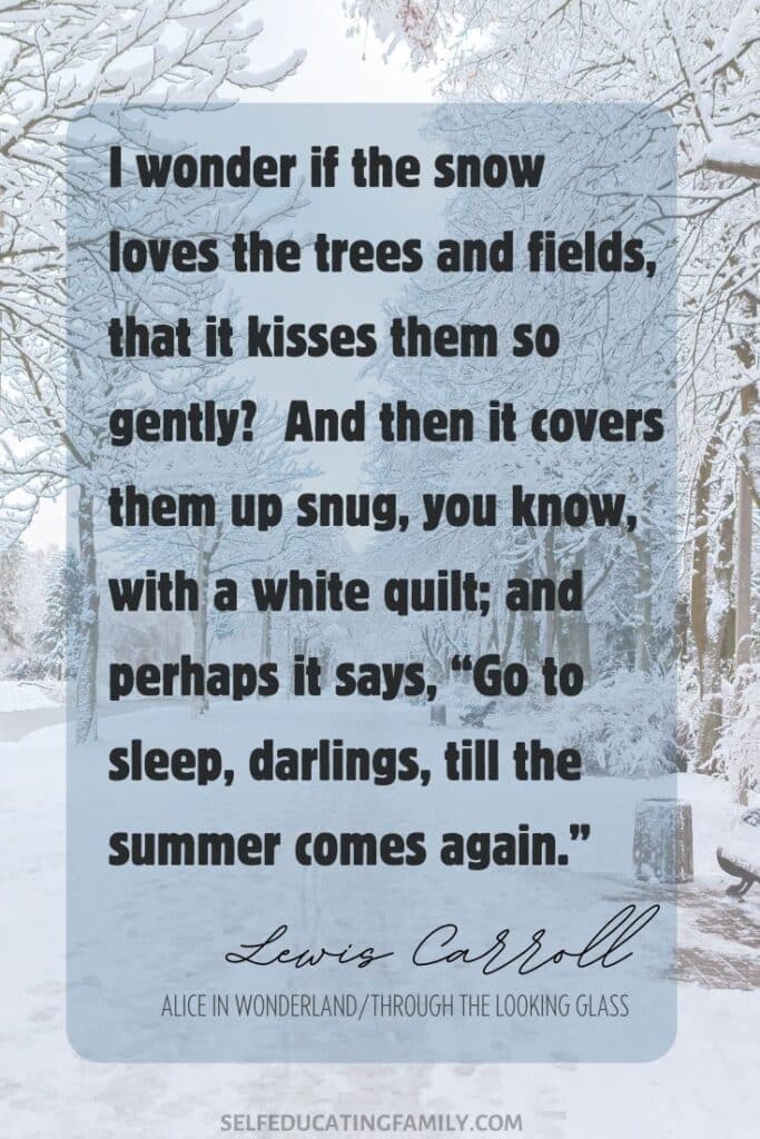 snow covered trees with lewis carroll snow kissing trees quote