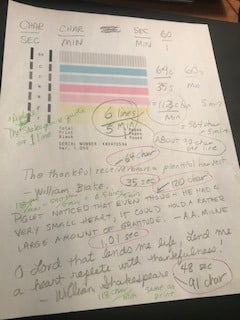 copywork speed test and calculations on scrap paper to determine how much copywork can be done in 5 minutes