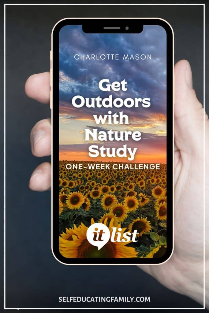 hand holding cell phone with Nature Study Itlist challenge and sunflowers