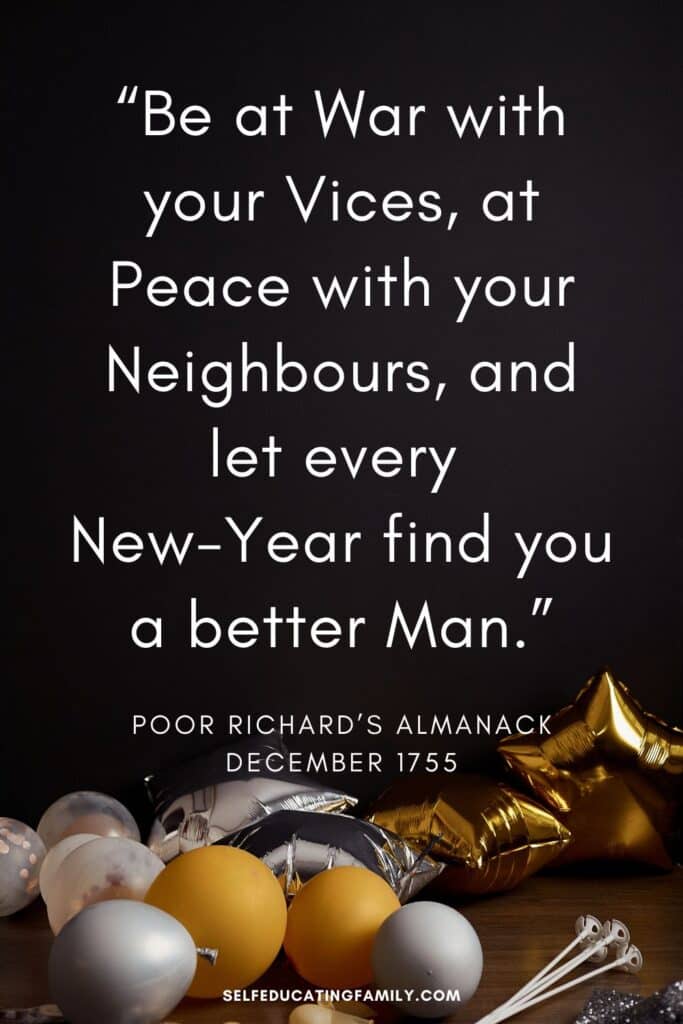 festive balloons with dark background and text from Poor Richard's almanack