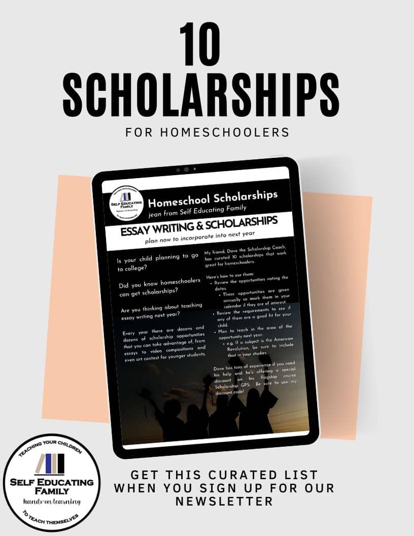 tablet with digital page showing homeschool scholarships for reducing college costs in high school and words essay writing