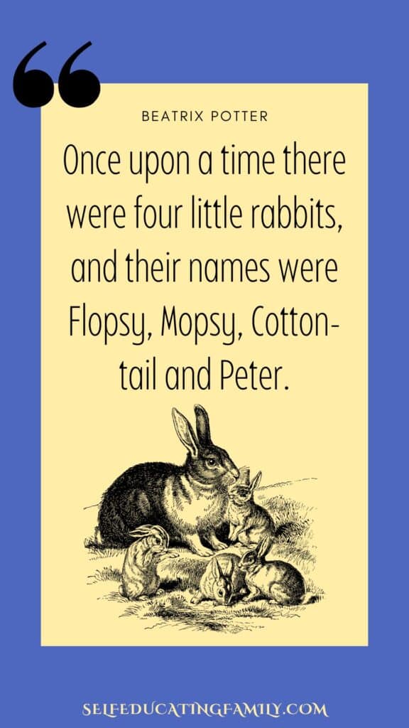 vintage line drawing of mother rabbit with 4 bunnies and overlay text of Beatrix Potter quote about Flopsy, Mopsy, Cottontail and Peter.