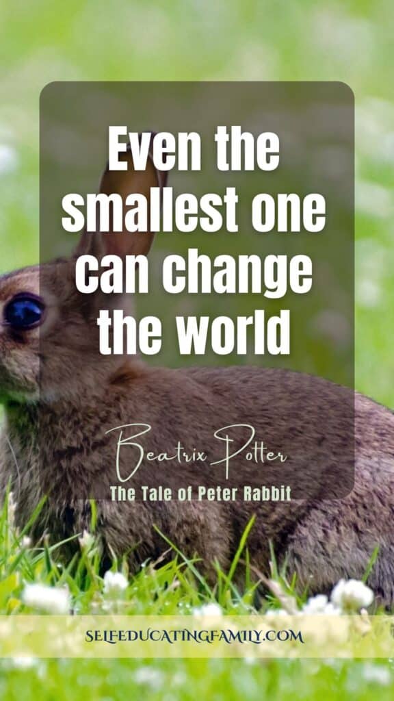 rabbit in green grassy field with tiny white flowers and Beatrix Potter Quote text overlay