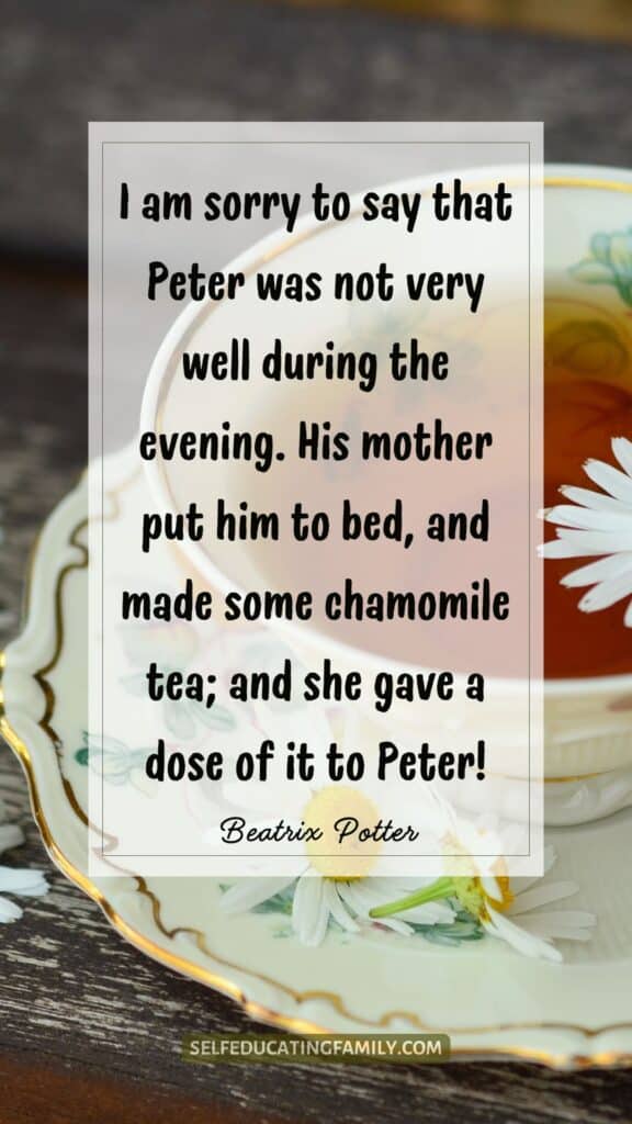 chamomile tea in cup with flowers and Beatrix Potter Quote text overlay