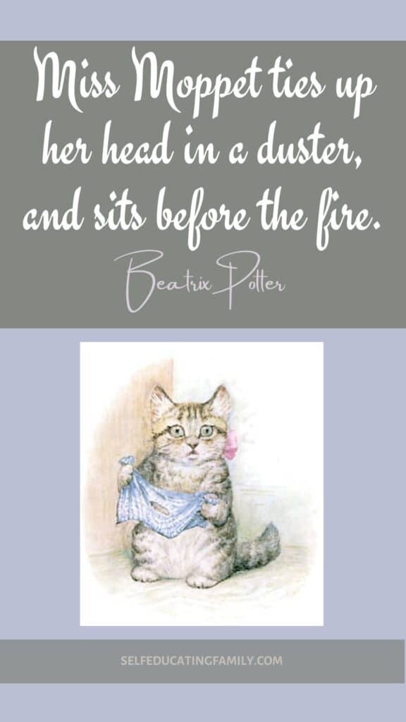 Illustration of Miss Moppet kitten from Beatrix Potter (Public Domain) with text overlay of Quote