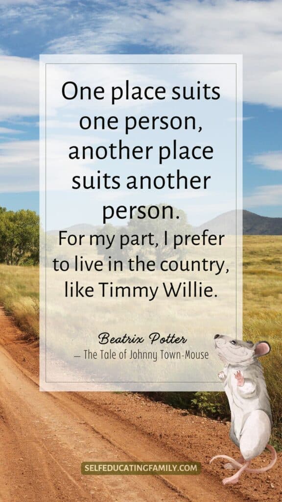 country road with mouse graphic and text overlay of Beatrix Potter Quote