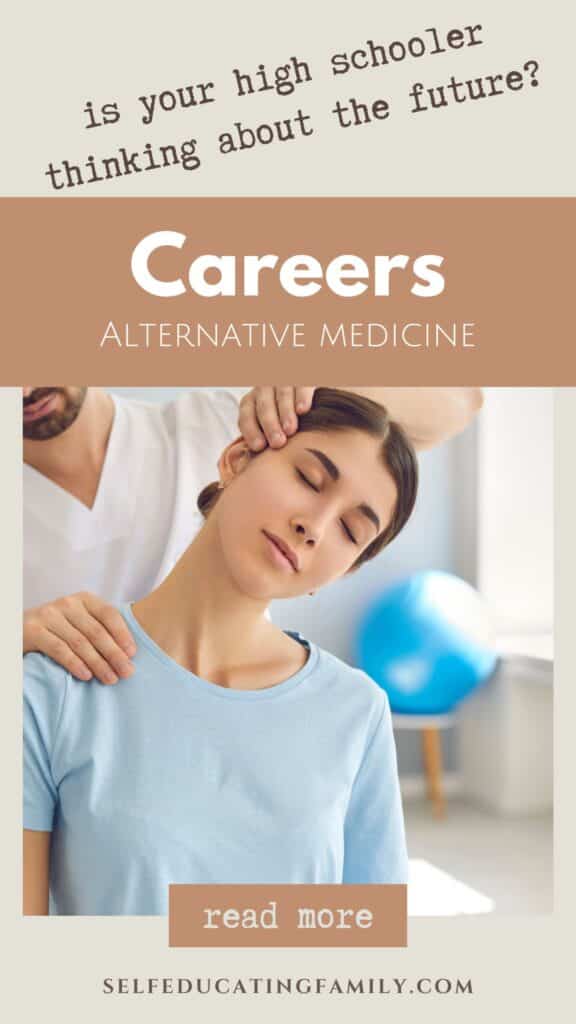 chiropractor adjusting the neck and shoulders of a woman in a light blue t-shirt with text overlay careers in alternative medicine