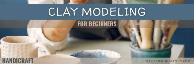 artist painting with clay modeling tools on desk and handmade mug and pots