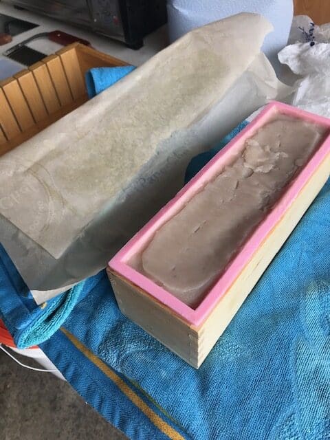 soap in pink silicon mold ready for cutting