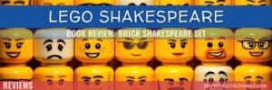 3 rows of yellow Lego minifigure heads with different expressions and text overlay "book review Brick Shakespeare"