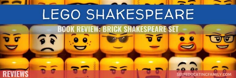 3 rows of yellow Lego minifigure heads with different expressions and text overlay "book review Brick Shakespeare"