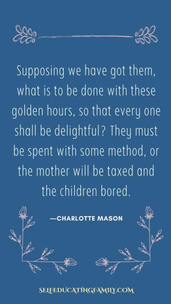 blue background with flourishes and a quote from charlotte mason