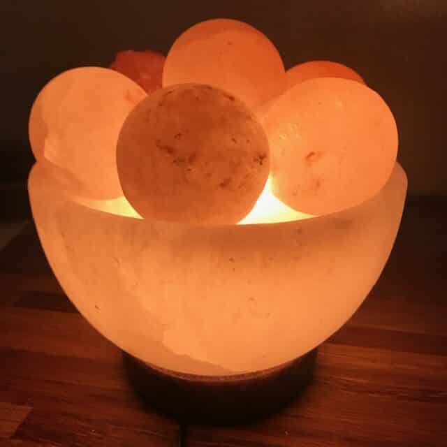 commercial carved Himalayan salt lamp with massage balls