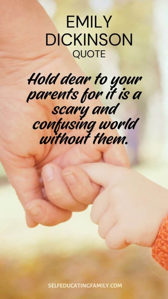 Emily Dickinson quote with parent holding child's hand