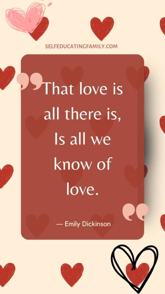 Emily Dickinson quote with hearts on the background