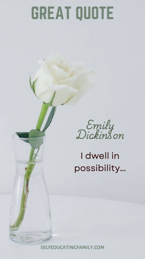 Emily Dickinson quote with white rose in glass vase