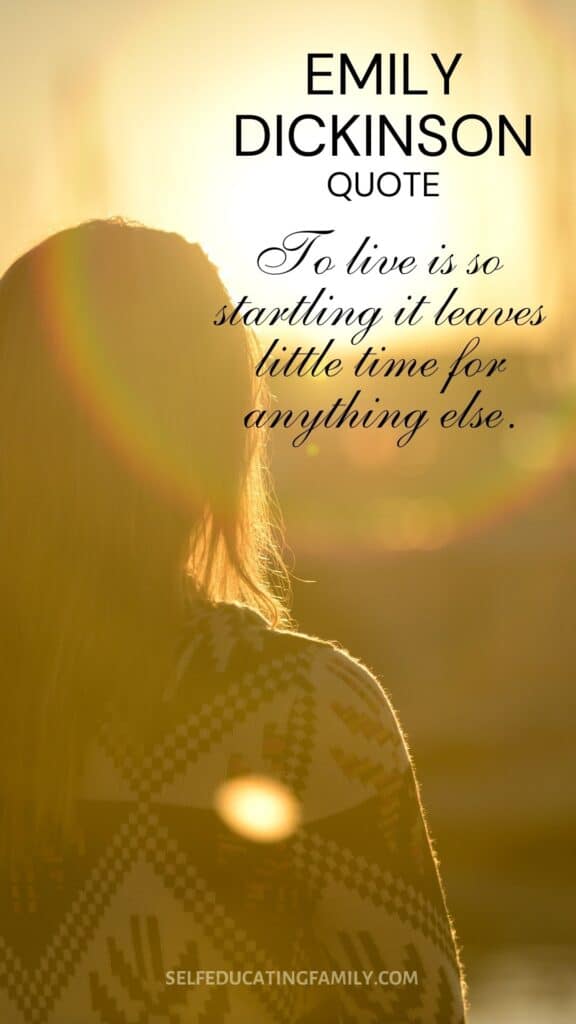 Emily Dickinson quote with woman staring at sunrise