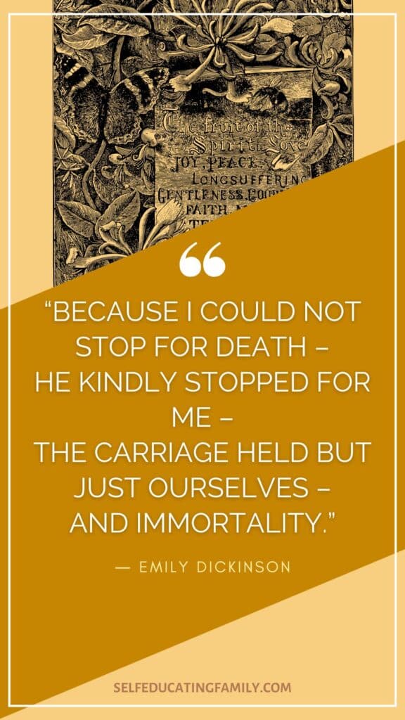 Emily Dickinson quote with black and white vintage gravestone