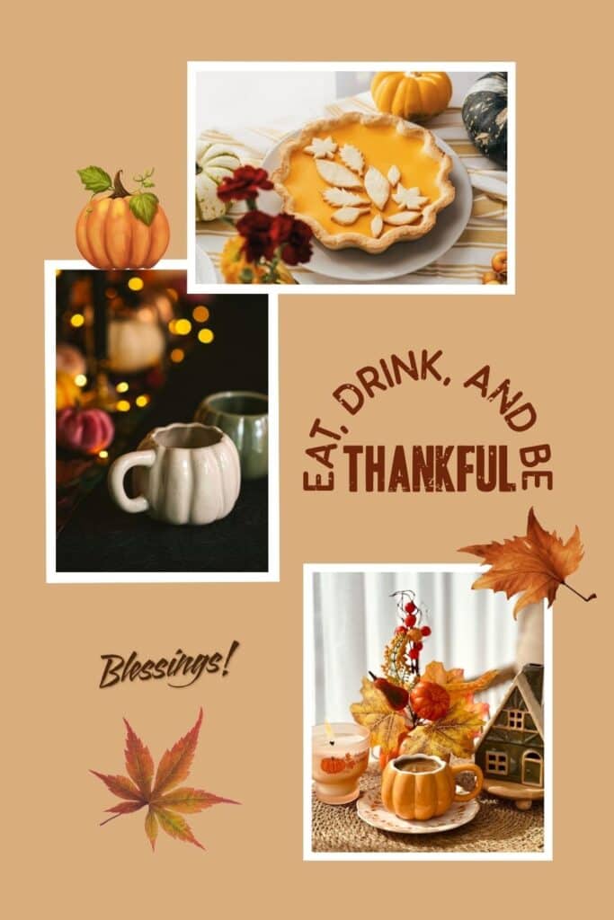 3 photos of pumpkin pie, white pumpkin mug, and pumpkins on table
