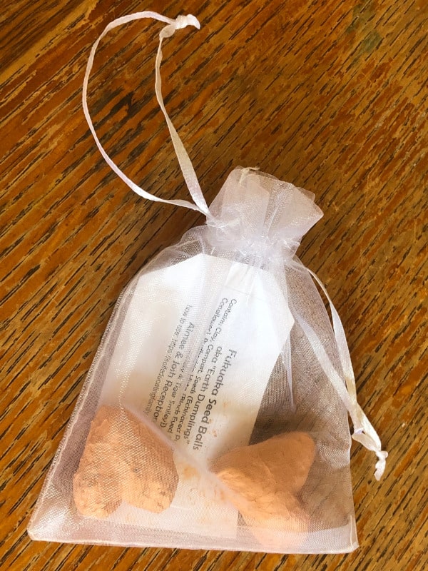 back side of organza bag with heart shaped seed balls and instruction tag
