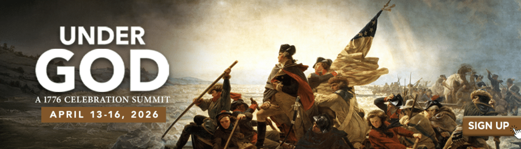 Text overlay under God 1776 summit old painting of washington crossing river in boat with flag and men