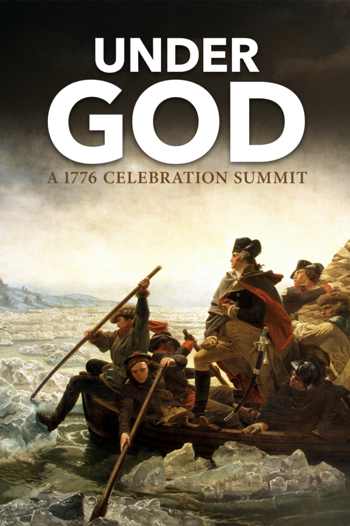 Pin with text overlay under God 1776 summit old painting of washington crossing river in boat with flag and men