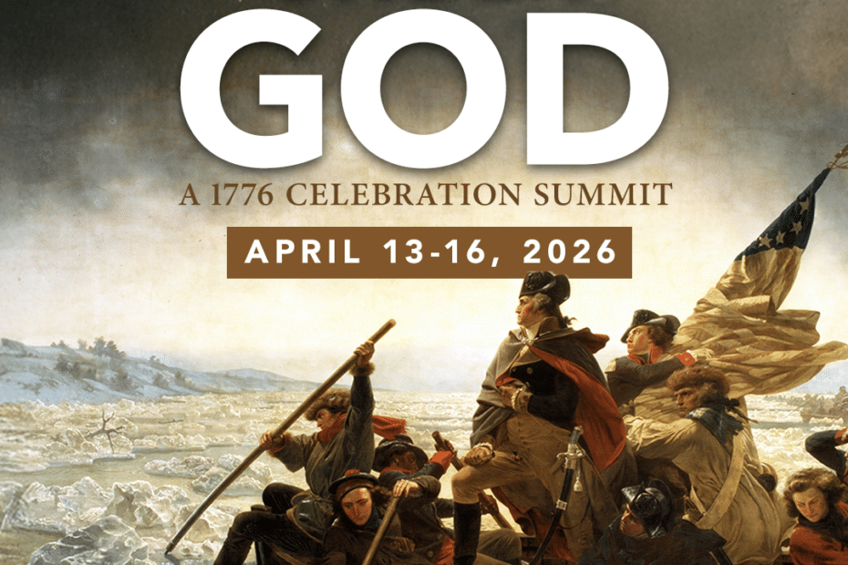 Square shape Text overlay under God 1776 summit old painting of washington crossing river in boat with flag and men