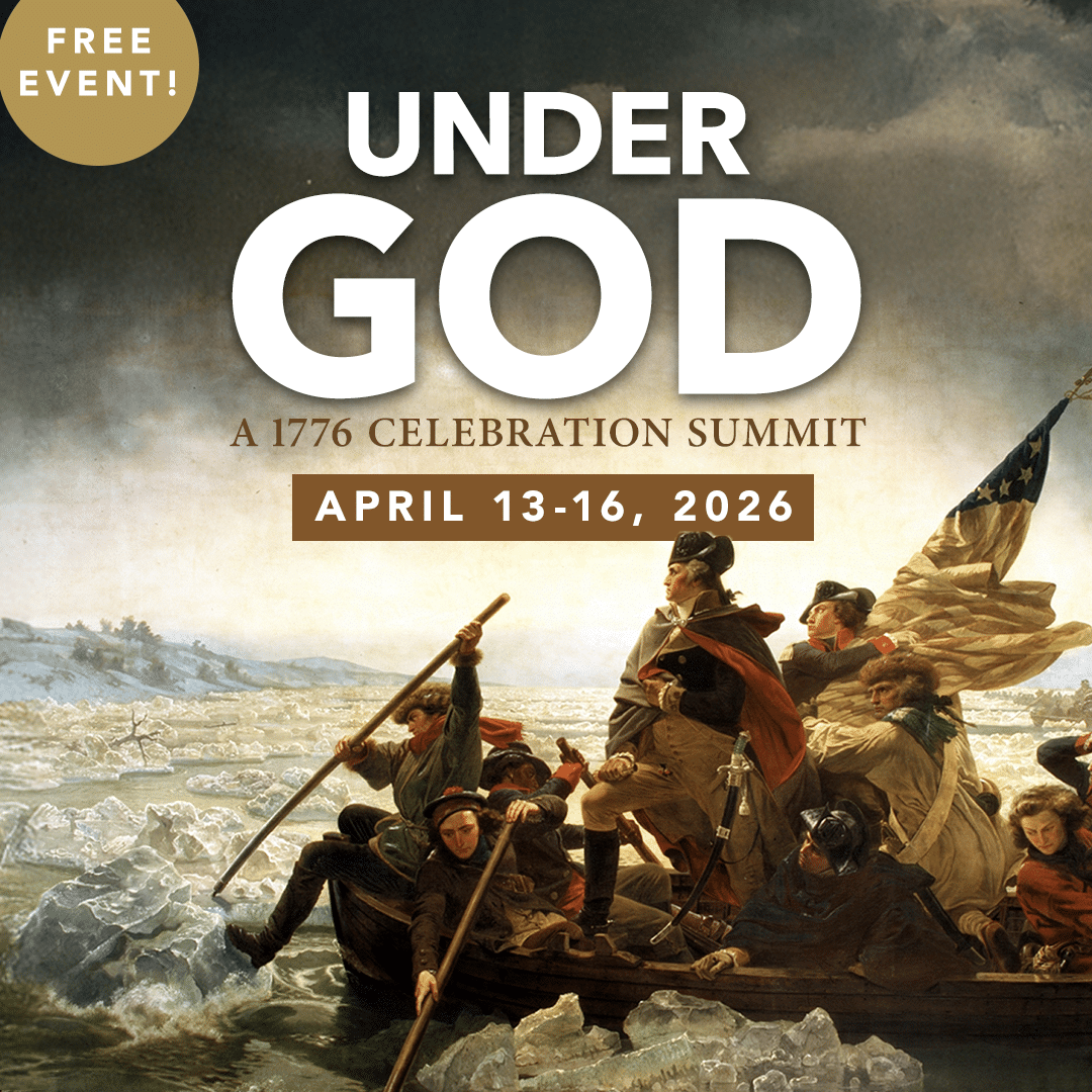 Square shape Text overlay under God 1776 summit old painting of washington crossing river in boat with flag and men