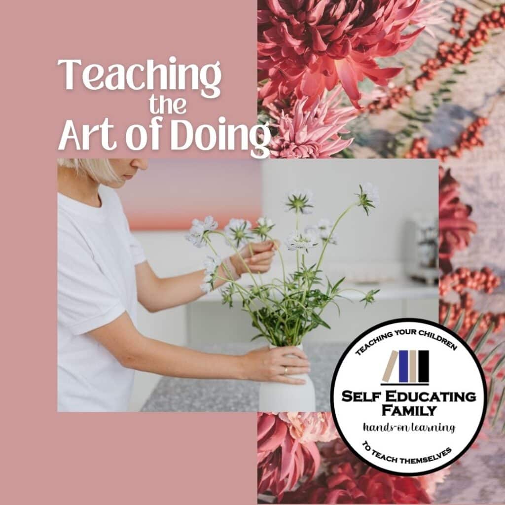 girl in white t-shirt arranging white flowers in a white vase superimposed on pink flowers